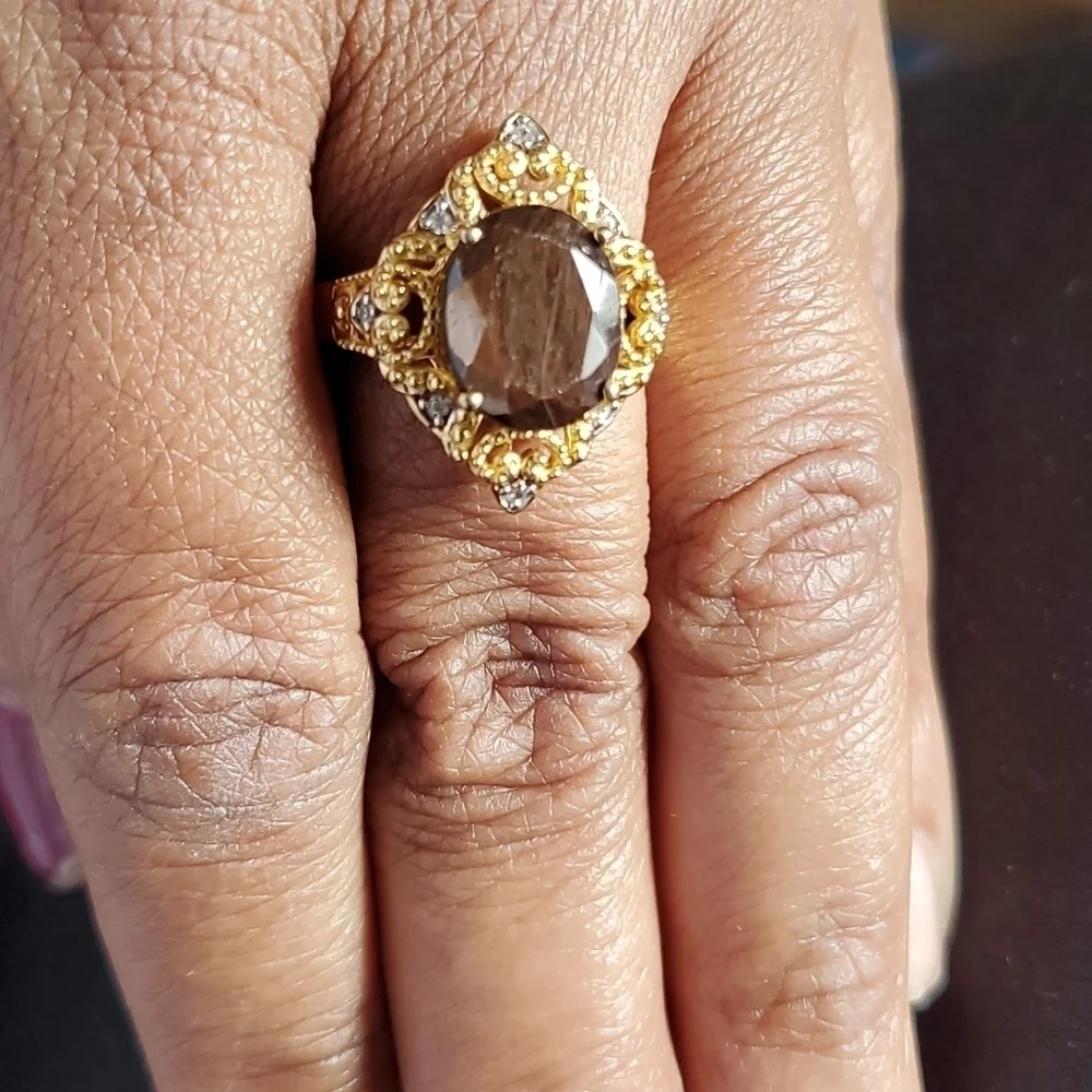 Natural Chocolate Sapphire Zircon Kite shaped Ring in Gold Vermeil - Picture 1 of 8